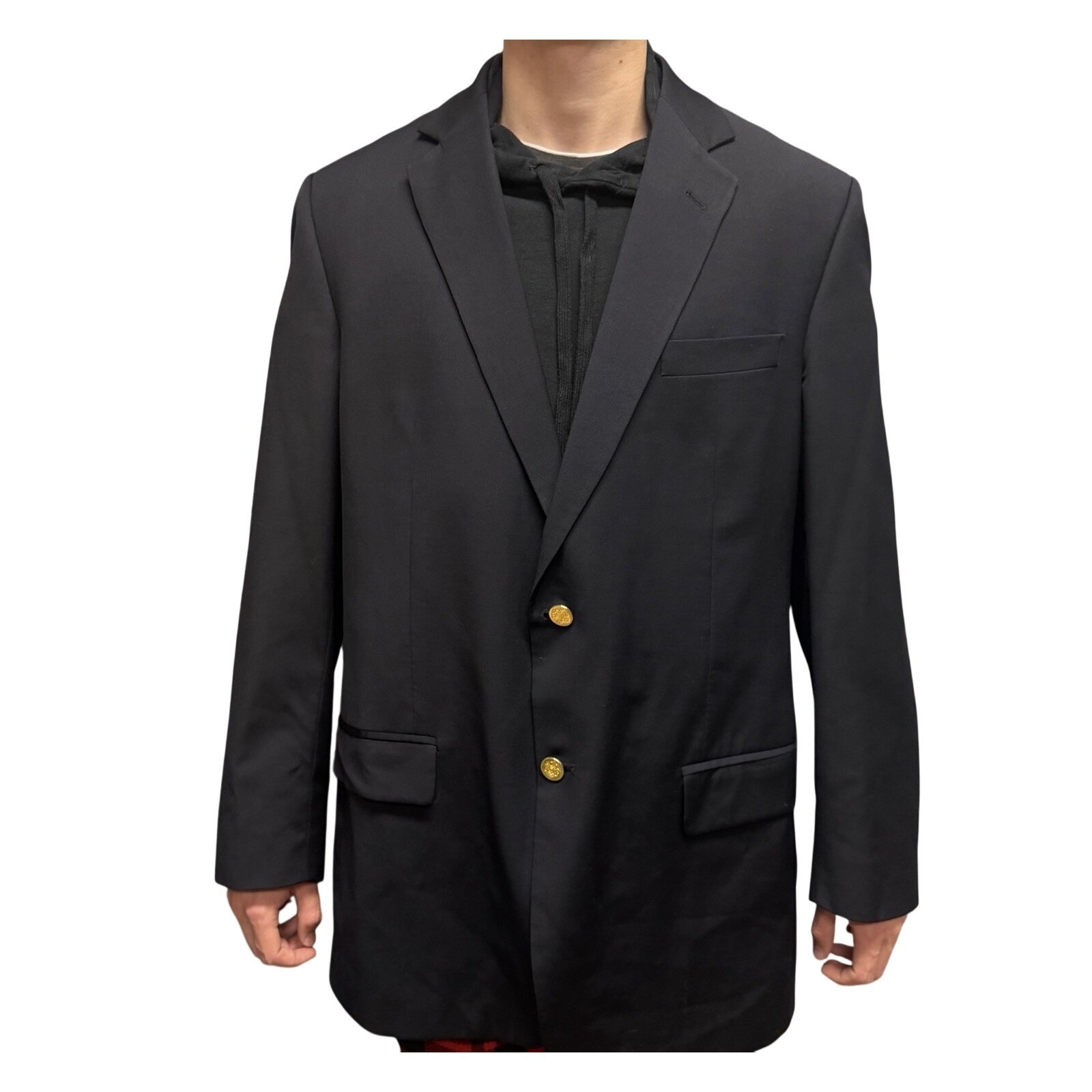 Joseph & Feiss Mens Navy Blue 100% Worsted Wool Blazer Gold Buttons 44 Tall